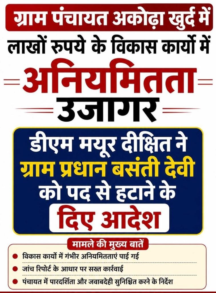 ग्राम पंचायत अकोढ़ा खुर्द में लाखों रुपये के विकास कार्यों में अनियमितता उजागर, डीएम मयूर दीक्षित ने ग्राम प्रधान बसंती देवी को पद से हटाने के दिए आदेश